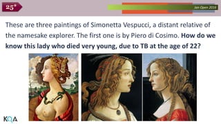 Collected Works – asKQAnce 2014Jan Open 201625*
These are three paintings of Simonetta Vespucci, a distant relative of
the namesake explorer. The first one is by Piero di Cosimo. How do we
know this lady who died very young, due to TB at the age of 22?
 