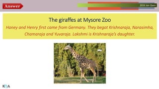 Answer Collected Works – asKQAnce 20142016 Jan Open
The giraffes at Mysore Zoo
Honey and Henry first came from Germany. They begot Krishnaraja, Narasimha,
Chamaraja and Yuvaraja. Lakshmi is Krishnaraja’s daughter.
 