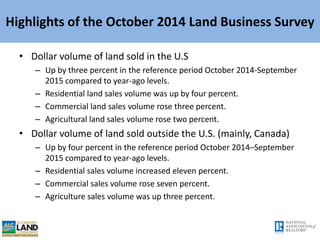 Highlights of the October 2014 Land Business Survey
• Price Outlook of U.S. Land Sales by September 2016
compared to Septe...