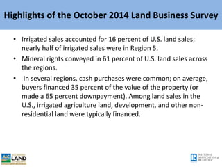 Highlights of the October 2014 Land Business Survey
• Irrigated sales accounted for 16 percent of U.S. land sales;
nearly half of irrigated sales were in Region 5.
• Mineral rights conveyed in 61 percent of U.S. land sales across
the regions.
• In several regions, cash purchases were common; on average,
buyers financed 35 percent of the value of the property (or
made a 65 percent downpayment). Among land sales in the
U.S., irrigated agriculture land, development, and other non-
residential land were typically financed.
 