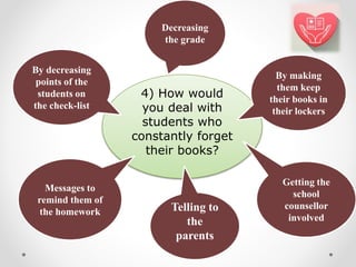4) How would
you deal with
students who
constantly forget
their books?
By decreasing
points of the
students on
the check-list
Messages to
remind them of
the homework
By making
them keep
their books in
their lockers
Getting the
school
counsellor
involved
Telling to
the
parents
Decreasing
the grade
 