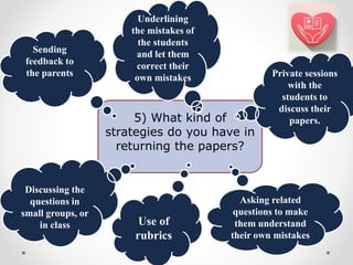 5) What kind of
strategies do you have in
returning the papers?
Underlining
the mistakes of
the students
and let them
correct their
own mistakes Private sessions
with the
students to
discuss their
papers.
Asking related
questions to make
them understand
their own mistakes
Discussing the
questions in
small groups, or
in class
Sending
feedback to
the parents
Use of
rubrics
 