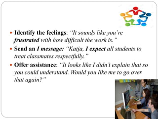  Identify the feelings: “It sounds like you’re
frustrated with how difficult the work is.”
 Send an I message: “Katja, I expect all students to
treat classmates respectfully.”
 Offer assistance: “It looks like I didn’t explain that so
you could understand. Would you like me to go over
that again?”
 