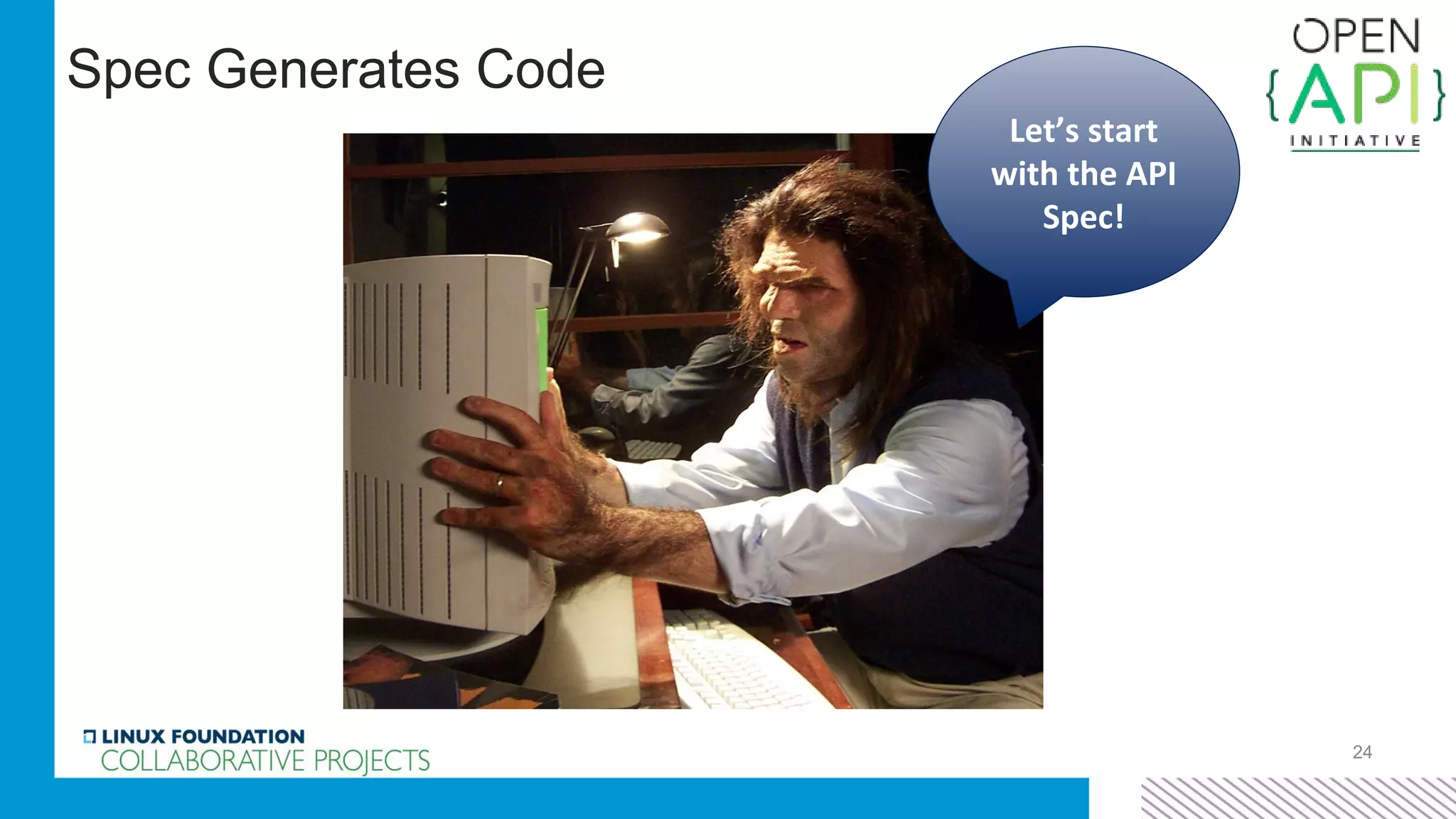 24
Let’s start
with the API
Spec!
Spec Generates Code
 