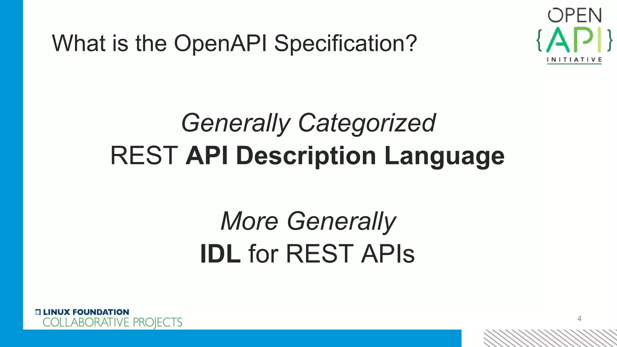 What is the OpenAPI Specification?
4
Generally Categorized
REST API Description Language
More Generally
IDL for REST APIs
 