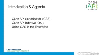 Introduction & Agenda
2
▪ Open API Specification (OAS)
▪ Open API Initiative (OAI)
▪ Using OAS in the Enterprise
 