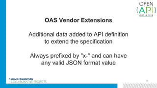 29
OAS Vendor Extensions
Additional data added to API definition
to extend the specification
Always prefixed by "x-" and can have
any valid JSON format value
 