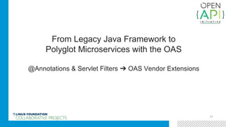 31
From Legacy Java Framework to
Polyglot Microservices with the OAS
@Annotations & Servlet Filters ➔ OAS Vendor Extensions
 