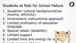 Students at Risk for School Failure
1. Students’ cultural background(low
income, ethnicity)
2. Inconsistent instructional approach
3. Limited proficiency of education
language
4. Special needs (disability)
5. Limited support
6. Limited time and energy for school
 