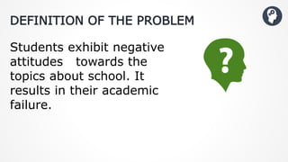 DEFINITION OF THE PROBLEM
Students exhibit negative
attitudes towards the
topics about school. It
results in their academic
failure.
 