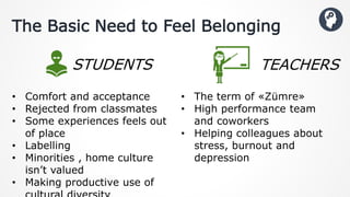 The Basic Need to Feel Belonging
• Comfort and acceptance
• Rejected from classmates
• Some experiences feels out
of place
• Labelling
• Minorities , home culture
isn’t valued
• Making productive use of
• The term of «Zümre»
• High performance team
and coworkers
• Helping colleagues about
stress, burnout and
depression
TEACHERSSTUDENTS
 