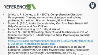 REFERENCES
• Jones, V. F. & Jones, L. S. (2007). Comprehensive Classroom
Management: Creating communities of support and solving
problems, 8th edition. Boston: Pearson/Allyn & Bacon.
• Stern, S. (2010, April). Understanding Our Four Basic Needs Will
Help Ourselves and Our Children.
• Imece Circles training by Dr. Hayal Köksal
• Richard S. (2003) Motivating Students and Teachers in an Era of
Standards (Chapter 1. Identifying Our Basic Psychological Needs).
Retrieved from
http://www.ascd.org/publications/books/103009/chapters/Identifyin
g-Our-Basic-Psychological-Needs.aspx
• Sagor R.(2003).Motivating Students and Teachers in an Era of
Standards. Identifying Our Basic Psychological Needs, Association
for Supervision & Curriculum Development,(pp 24-32).
 