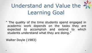 Understand and Value the
Learning Goal
“ The quality of the time students spend engaged in
academic work depends on the tasks they are
expected to accomplish and extend to which
students understand what they are doing.”
Walter Doyle (1983)
 