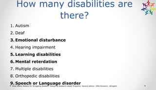 How many disabilities are
there?
1. Autism
2. Deaf
3. Emotional disturbance
4. Hearing impairment
5. Learning disabilities
6. Mental reterdation
7. Multiple disabilities
8. Orthopedic disabilities
9. Speech or Language disorder
What Really Matters for Struggling Readers: Designing Research-based Programs Second edition, 2006 Richard L. Allington
 