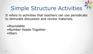 Simple Structure Activities
It refers to activities that teachers can use periodically
to stimulate discussion and review materials.
•Roundable
•Number Heads Together
•Stars
 
