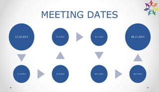 MEETING DATES
12.10.2015
21.10.2015 25.10.2015
27.10.2015 02.11.2015
04.11.2015 06.11.2015
08.11.2015
 