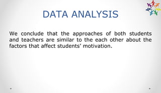 DATA ANALYSIS
We conclude that the approaches of both students
and teachers are similar to the each other about the
factors that affect students’ motivation.
 