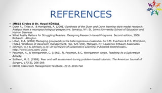 REFERENCES
• IMECE Circles @ Dr. Hayal KÖKSAL
• Dunn R., Thies A. & Honigsfeld, A. (2001) Synthesis of the Dunn and Dunn learning-style model research:
Analysis from a neuropsychological perspective. Jamaica, NY: St. John’s University School of Education and
Human Services
• What Really Matters for Struggling Readers: Designing Research-based Programs Second edition, 2006
Richard L. Allington
• Lotan, R.A. (2006) Managing groupwork in the heterogeneous classroom. In C.M. Evertson & C.S. Weinstein,
(Eds.) Handbook of classroom management. (pp. 525-540). Mahwah, NJ: Lawrence Erlbaum Associates.
• Johnson, R.T & Johnson, D.W. An Overview of Cooperative Learning. Published Electronically,
http://www.clcrc.com/ 2001
• Postman, N., & Weingartner, C. (1969). N. Postman, & C. Weingartner içinde, Teaching As a Subversive
Activity.
• Sullivan, M. E. (1988). Peer and self assessment during problem-based tutorials. The American Journal of
Surgery, 177(3), 266-269.
• ED401 Classroom Management Textbook, 2015-2016 Fall
 