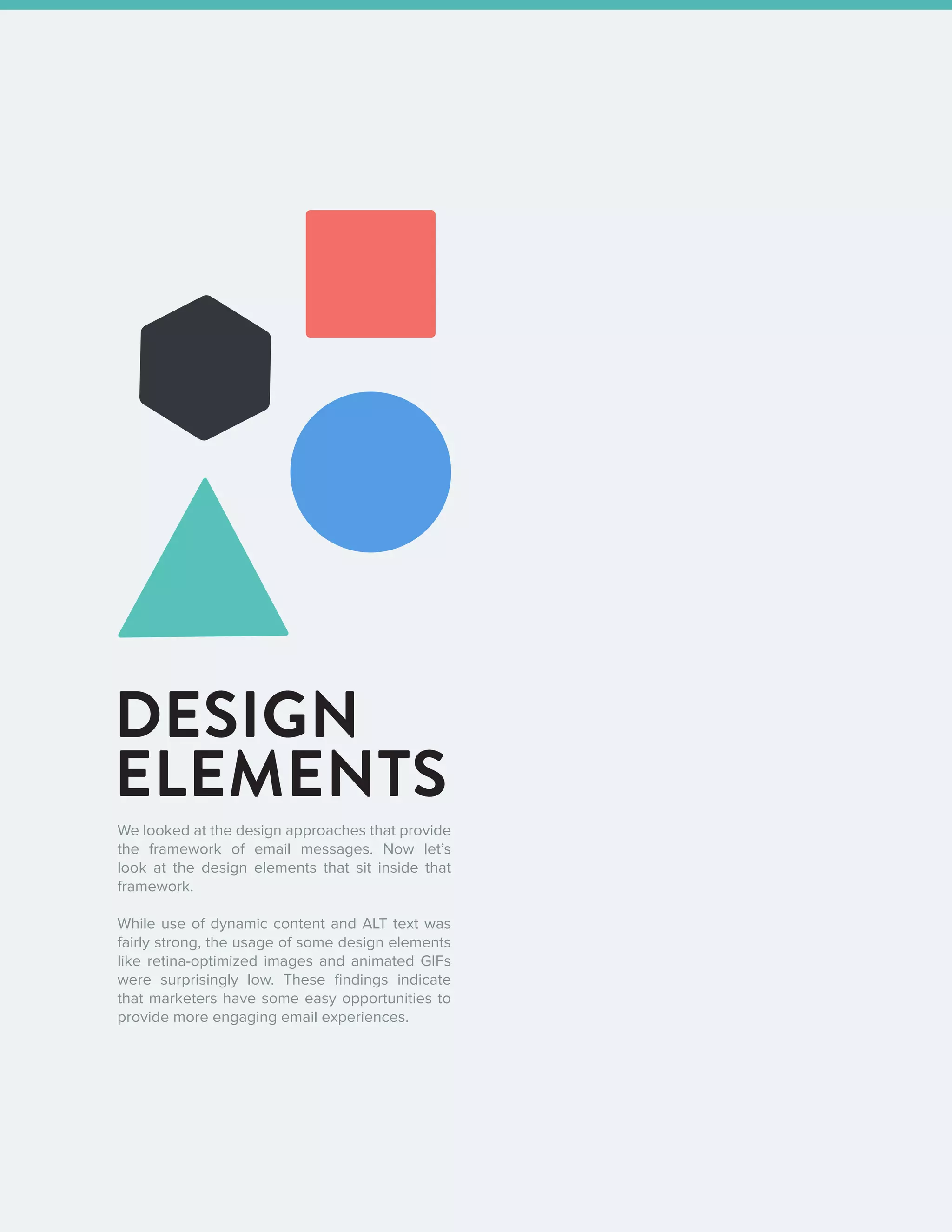 132016 State of Email Design   
DESIGN
ELEMENTS
We looked at the design approaches that provide
the framework of email messages. Now let’s
look at the design elements that sit inside that
framework.
While use of dynamic content and ALT text was
fairly strong, the usage of some design elements
like retina-optimized images and animated GIFs
were surprisingly low. These findings indicate
that marketers have some easy opportunities to
provide more engaging email experiences.
 