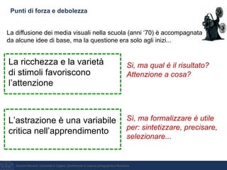 Giovanni Bonaiuti, Università di Cagliari, Dipartimento di scienze pedagogiche e filosofiche
Punti di forza e debolezza
La ricchezza e la varietà
di stimoli favoriscono
l’attenzione
L’astrazione è una variabile
critica nell’apprendimento
Si, ma qual è il risultato?
Attenzione a cosa?
Sì, ma formalizzare è utile
per: sintetizzare, precisare,
selezionare...
La diffusione dei media visuali nella scuola (anni ‘70) è accompagnata
da alcune idee di base, ma la questione era solo agli inizi...
 