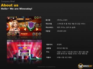 PROPRIETARY & CONFIDENTIAL
About us
Hello~ We are Minosday!
회사명
주요사업
주요서비스
자본금
대표이사
설립일
주소
직원수
(주)미노스데이
스마트폰 & 웹 게임 개발 및 공급 서비스
매직 카지노 (포커 & 슬롯)
250,000 USD
Company Brief
유정재
2015년 4월 1일
서울시 서초구 서초1동 1626-2 원진 빌딩 6층
(현재 중국으로 개발팀 오피스 이전 계획 중)
10명(+2명 조인 예정)
 