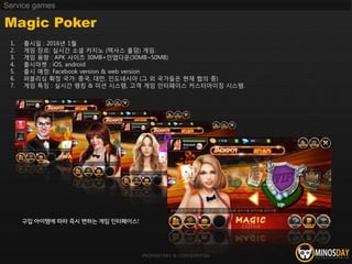 PROPRIETARY & CONFIDENTIAL
Magic Poker
Service games
1. 출시일 : 2016년 1월
2. 게임 장르: 실시간 소셜 카지노 (텍사스 홀덤) 게임.
3. 게임 용량 : APK 사이즈 30MB+인앱다운(30MB~50MB)
4. 출시마켓 : iOS, android
5. 출시 예정: Facebook version & web version
6. 퍼블리싱 확정 국가: 중국, 대만, 인도네시아 (그 외 국가들은 현재 협의 중)
7. 게임 특징 : 실시간 랭킹 & 미션 시스템, 고객 게임 인터페이스 커스터마이징 시스템.
구입 아이템에 따라 즉시 변하는 게임 인터페이스!
 