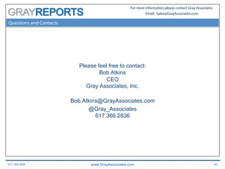 617.366.2838 www.GrayAssociates.com 40
GRAY
For more information please contact Gray Associates.
Email: Sales@GrayAssociates.com
Questions and Contacts
Please feel free to contact:
Bob Atkins
CEO
Gray Associates, Inc.
Bob.Atkins@GrayAssociates.com
@Gray_Associates
617.366.2836
 