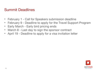 15
Summit Deadlines
• February 1 - Call for Speakers submission deadline
• February 9 - Deadline to apply for the Travel Support Program
• Early March - Early bird pricing ends
• March 8 - Last day to sign the sponsor contract
• April 19 - Deadline to apply for a visa invitation letter
 