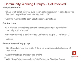 20
Community Working Groups – Get Involved!
Analyst relations
•Share intel, collaboratively build report schedule; review reports to provide
feedback; help drive marketshare report in 2015
•Join the mailing list to learn about upcoming meetings
Content team
•Get involved in upcoming content campaigns and get a preview of
campaigns prior to launch
•The next meeting is next Tuesday, January 19 at 2pm CT / 8pm UTC
•Join us!
Enterprise working group
•Identify and remove barriers to Enterprise adoption and deployment of
OpenStack
•Weekly meetings, Thursday at 9 am PT
• Wiki: https://wiki.openstack.org/wiki/Enterprise_Working_Group
 