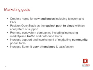 8
Marketing goals
• Create a home for new audiences including telecom and
ISVs
• Position OpenStack as the easiest path to cloud with an
ecosystem of support
• Promote ecosystem companies including increasing
marketplace traffic and outbound leads
• Increase support and involvement of marketing community,
portal, tools
• Increase Summit user attendance & satisfaction
 