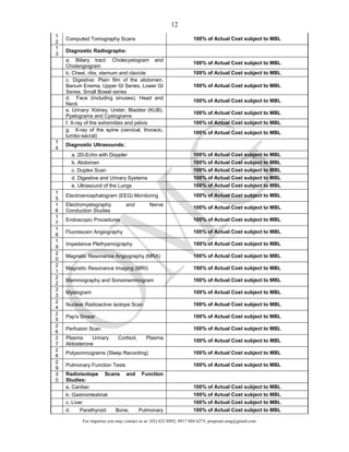 For inquiries you may contact us at: (02) 622 8892; 0917 804 6275; proposal.omg@gmail.com
12
1
2
Computed Tomography Scans 100% of Actual Cost subject to MBL
1
3
Diagnostic Radiographs:
a. Biliary tract: Cholecystogram and
Cholangiogram
100% of Actual Cost subject to MBL
b. Chest, ribs, sternum and clavicle 100% of Actual Cost subject to MBL
c. Digestive: Plain film of the abdomen,
Barium Enema, Upper GI Series, Lower GI
Series, Small Bowel series
100% of Actual Cost subject to MBL
d. Face (including sinuses), Head and
Neck
100% of Actual Cost subject to MBL
e. Urinary: Kidney, Ureter, Bladder (KUB),
Pyelograms and Cystograms
100% of Actual Cost subject to MBL
f. X-ray of the extremities and pelvis 100% of Actual Cost subject to MBL
g. X-ray of the spine (cervical, thoracic,
lumbo-sacral)
100% of Actual Cost subject to MBL
1
4
Diagnostic Ultrasounds:
a. 2D-Echo with Doppler 100% of Actual Cost subject to MBL
b. Abdomen 100% of Actual Cost subject to MBL
c. Duplex Scan 100% of Actual Cost subject to MBL
d. Digestive and Urinary Systems 100% of Actual Cost subject to MBL
e. Ultrasound of the Lungs 100% of Actual Cost subject to MBL
1
5
Electroencephalogram (EEG) Monitoring 100% of Actual Cost subject to MBL
1
6
Electromyelography and Nerve
Conduction Studies
100% of Actual Cost subject to MBL
1
7
Endoscopic Procedures 100% of Actual Cost subject to MBL
1
8
Fluorescein Angiography 100% of Actual Cost subject to MBL
1
9
Impedance Plethysmography 100% of Actual Cost subject to MBL
2
0
Magnetic Resonance Angiography (MRA) 100% of Actual Cost subject to MBL
2
1
Magnetic Resonance Imaging (MRI) 100% of Actual Cost subject to MBL
2
2
Mammography and Sonomammogram 100% of Actual Cost subject to MBL
2
3
Myelogram 100% of Actual Cost subject to MBL
2
4
Nuclear Radioactive Isotope Scan 100% of Actual Cost subject to MBL
2
5
Pap's Smear 100% of Actual Cost subject to MBL
2
6
Perfusion Scan 100% of Actual Cost subject to MBL
2
7
Plasma Urinary Cortisol, Plasma
Aldosterone
100% of Actual Cost subject to MBL
2
8
Polysomnograms (Sleep Recording) 100% of Actual Cost subject to MBL
2
9
Pulmonary Function Tests 100% of Actual Cost subject to MBL
3
0
Radioisotope Scans and Function
Studies:
a. Cardiac 100% of Actual Cost subject to MBL
b. Gastrointestinal 100% of Actual Cost subject to MBL
c. Liver 100% of Actual Cost subject to MBL
d. Parathyroid Bone, Pulmonary 100% of Actual Cost subject to MBL
 