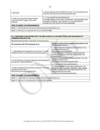 For inquiries you may contact us at: (02) 622 8892; 0917 804 6275; proposal.omg@gmail.com
27
3. BIR 2303
4. Signed Questionnaire for Rated Accounts. You may download the
form here http://tinyurl.com/maxicarequestionnaire
4. Filled out Corporate Enrollment Sheet
(found at the last 3 pages of this initial
proposal)
5. 2 Year Audited Financial Statements
6. Detailed Master list with Rank Classification, Job Designation and
Description, Birthdays / Age, Gender. You may download the
template here http://tinyurl.com/maxicaredetailed
HOW TO SUBMIT THE REQUIREMENTS:
Option 1: (Via Email) You may scan the document and email it back to us.
Option 2: (Via Fax) You may also fax it to us at (02) 819-9899
ALL COMPANIES & INDUSTRIES WITH 100 EMPLOYEES & UP (OR EMPLOYEES AND DEPENDENTS IF
COMBINED REACHES 100)
Mandatory Requirements to Generate a Pricing Proposal:
All companies with 100 employees & up
NGOs/Foundations/Cooperatives/Associations with
100 employees and up
1. Signed Maxicare Prospective Account Form. You may
download the form at http://tinyurl.com/maxicarepcaf
1. Signed Maxicare Prospective Account Form. You
may download the form at
http://tinyurl.com/maxicarepcaf
2. SEC Registration Certificate and/or Cooperative
Developing Authority Certificate of Registration (for
Cooperatives)
2. Excel Softcopy of Company Masterlist (with birthdates or
age, gender, ranks/classification)
3. Signed Questionnaire for Rated Accounts. You may
download the form here
http://tinyurl.com/maxicarequestionnaire
4. 2 Year Audited Financial Statements
3. Filled out Maxicare Product Mix Survey Form. You may
download the form here
http://tinyurl.com/maxicareproductmix
5. Detailed Master list with Rank Classification, Job
Designation and Description, Birthdays / Age, Gender
6. Filled out Maxicare Product Mix Survey Form. You
may download the form here
http://tinyurl.com/maxicareproductmix
HOW TO SUBMIT THE REQUIREMENTS:
Option 1: (Via Email) You may scan the document and email it back to us.
Option 2: (Via Fax) You may also fax it to us at (02) 819-9899
 
