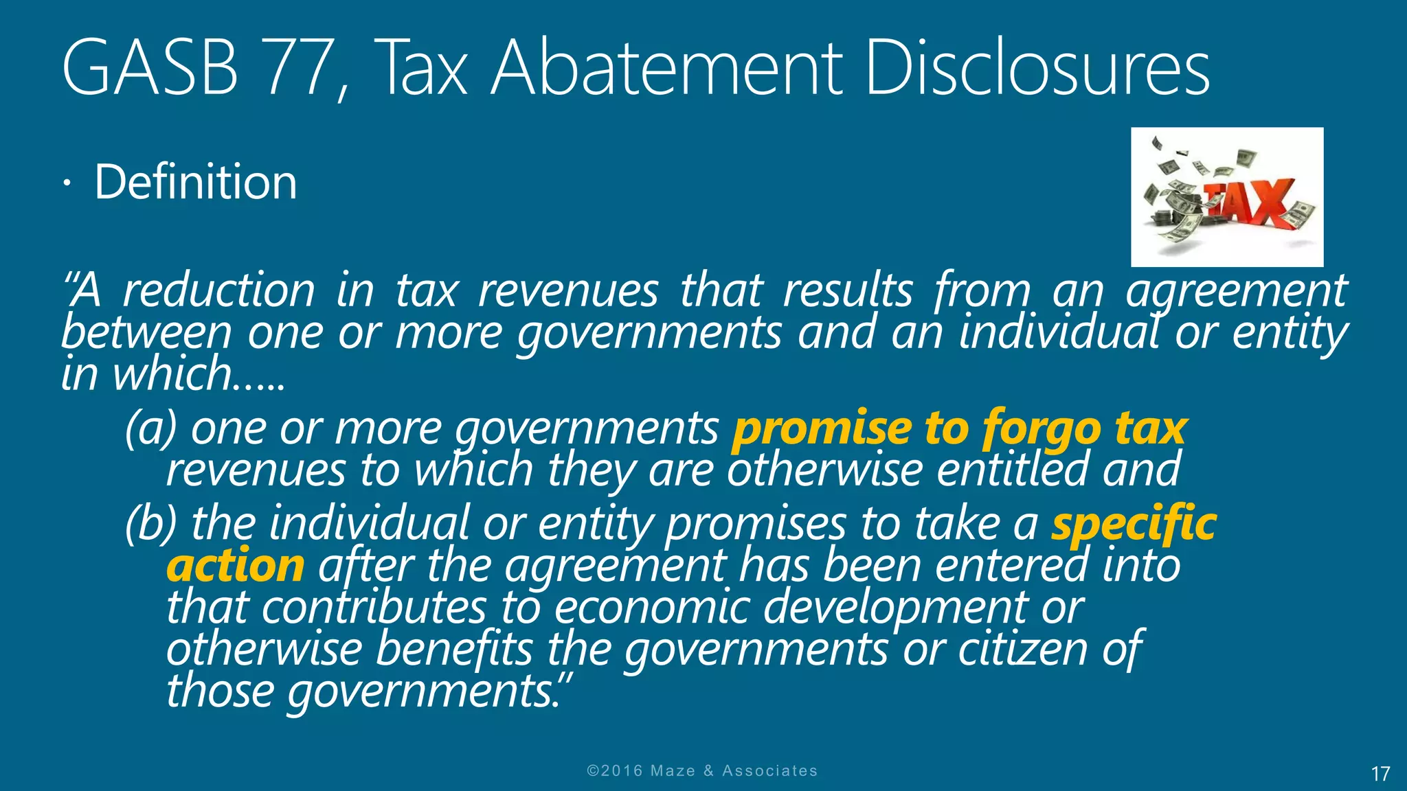 17
promise to forgo tax
specific
action
 