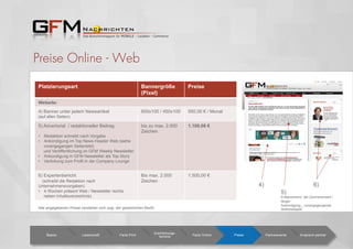 Preise Online - Web
Platzierungsart Bannergröße
(Pixel)
Preise
Website:
4) Banner unter jedem Newsartikel
(auf allen Seiten)
600x100 / 450x100 550,00 € / Monat
5) Advertorial / redaktioneller Beitrag
•  Redaktion schreibt nach Vorgabe
•  Ankündigung im Top News Header Web (siehe
vorangegangen Seitenbild)
und Veröffentlichung im GFM Weekly Newsletter
•  Ankündigung in GFM Newsletter als Top Story
•  Verlinkung zum Profil in der Company Lounge
bis zu max. 2.000
Zeichen
1.100,00 €
6) Expertenbericht
(schreibt die Redaktion nach
Unternehmensvorgaben)
•  4 Wochen präsent Web / Newsletter rechts
neben Inhaltsverzeichnis)
Bis max. 2.000
Zeichen
1.500,00 €
Basics Leserschaft Facts Print
Erscheinungs-
termine Facts Online Preise Partnerevents Ansprech-partner
Alle angegebenen Preise verstehen sich zzgl. der gesetzlichen MwSt.
4) 6)
5)
Entsprechend der Zeichenanzahl /
länger
Ankündigung _ vorangegangenes
Seitenbeispiel
 