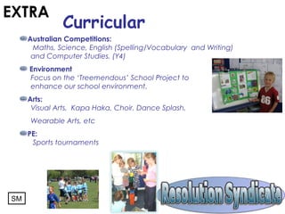 Australian Competitions:
Maths, Science, English (Spelling/Vocabulary and Writing)
and Computer Studies. (Y4)
Environment
Focus on the ‘Treemendous’ School Project to
enhance our school environment.
Arts:
Visual Arts, Kapa Haka, Choir, Dance Splash,
Wearable Arts, etc
PE:
Sports tournaments
EXTRA
Curricular
SM
 