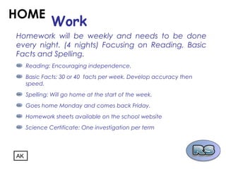 Homework will be weekly and needs to be done
every night. (4 nights) Focusing on Reading, Basic
Facts and Spelling.
Reading: Encouraging independence.
Basic Facts: 30 or 40 facts per week. Develop accuracy then
speed.
Spelling: Will go home at the start of the week.
Goes home Monday and comes back Friday.
Homework sheets available on the school website
Science Certificate: One investigation per term
HOME
Work
AK
 
