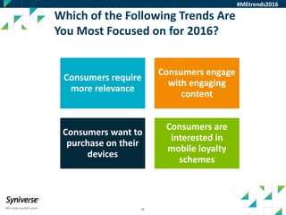 16
Which of the Following Trends Are
You Most Focused on for 2016?
#MEtrends2016
Consumers require
more relevance
Consumers engage
with engaging
content
Consumers want to
purchase on their
devices
Consumers are
interested in
mobile loyalty
schemes
 