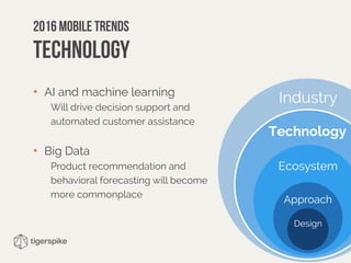 Industry
Technology
Ecosystem
Approach
Design
2016 mobile trends 
Technology
• AI and machine learning
Will drive decision support and
automated customer assistance
• Big Data
Product recommendation and
behavioral forecasting will become
more commonplace
 