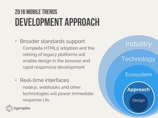 Industry
Technology
Ecosystem
Approach
Design
2016 mobile trends 
development Approach
• Broader standards support
Complete HTML5 adoption and the
retiring of legacy platforms will
enable design in the browser and
rapid responsive development
• Real-time interfaces
node.js, webhooks and other
technologies will power immediate
response UIs
 