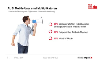 17. März 20175
AUBI Mobile User sind Multiplikatoren
Mobile USP AUTO BILD
66% Ratgeber bei Technik-Themen
85% Weiterempfehlen redaktioneller
Beiträge per Social Media / eMail
67% Word of Mouth
Zusammenfassung der Ergebnisse – Gesamtbewertung
 