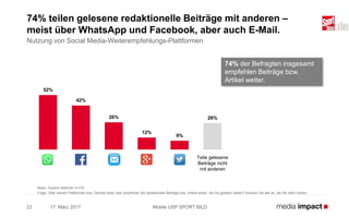 17. März 2017 Mobile USP SPORT BILD23
74% teilen gelesene redaktionelle Beiträge mit anderen –
meist über WhatsApp und Facebook, aber auch E-Mail.
52%
42%
26%
12%
9%
26%
Nutzung von Social Media-Weiterempfehlungs-Plattformen
Teile gelesene
Beiträge nicht
mit anderen
Basis: Gesamt stationär n=133
Frage: Über welche Plattformen bzw. Dienste teilen oder empfehlen Sie redaktionelle Beiträge bzw. Artikel weiter, die Sie gelesen haben? Kreuzen Sie alle an, die Sie dafür nutzen.
74% der Befragten insgesamt
empfehlen Beiträge bzw.
Artikel weiter.
 