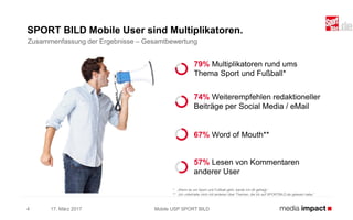 17. März 20174
SPORT BILD Mobile User sind Multiplikatoren.
Mobile USP SPORT BILD
79% Multiplikatoren rund ums
Thema Sport und Fußball*
74% Weiterempfehlen redaktioneller
Beiträge per Social Media / eMail
67% Word of Mouth**
Zusammenfassung der Ergebnisse – Gesamtbewertung
57% Lesen von Kommentaren
anderer User
* „Wenn es um Sport und Fußball geht, werde ich oft gefragt.“
** „Ich unterhalte mich mit anderen über Themen, die ich auf SPORTBILD.de gelesen habe.“
 