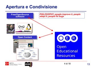 134 di 18
Apertura e Condivisione
Open Content
Free/OpenSource
software
PHILOSOPHY: people improve it, people
adapt it, people fix bugs
 