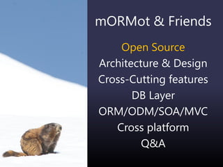 mORMot & Friends
Open Source
Architecture & Design
Cross-Cutting features
DB Layer
ORM/ODM/SOA/MVC
Cross platform
Q&A
 