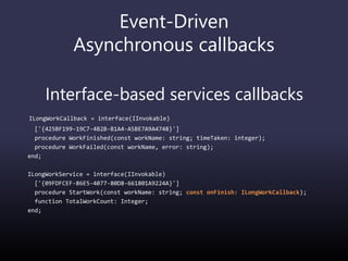 Event-Driven
Asynchronous callbacks
Interface-based services callbacks
ILongWorkCallback = interface(IInvokable)
['{425BF199-19C7-4B2B-B1A4-A5BE7A9A4748}']
procedure WorkFinished(const workName: string; timeTaken: integer);
procedure WorkFailed(const workName, error: string);
end;
ILongWorkService = interface(IInvokable)
['{09FDFCEF-86E5-4077-80D8-661801A9224A}']
procedure StartWork(const workName: string; const onFinish: ILongWorkCallback);
function TotalWorkCount: Integer;
end;
 