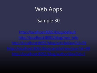 Web Apps
Sample 30
http://localhost:8092/blog/default
http://localhost:8092/blog/mvc-info
http://localhost:8092/blog/articleView?id=99
http://localhost:8092/blog/articleView/json?id=99
http://localhost:8092/blog/authorView?id=1
 