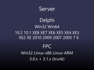 Server
Delphi
Win32 Win64
10.2 10.1 XE8 XE7 XE6 XE5 XE4 XE3
XE2 XE 2010 2009 2007 2005 7 6
FPC
Win32 Linux-x86 Linux-ARM
3.0.x + 3.1.x (trunk)
 