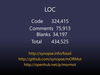LOC
Code 324,415
Comments 75,913
Blanks 34,197
Total 434,525
http://synopse.info/fossil
http://github.com/synopse/mORMot
http://openhub.net/p/mormot
 
