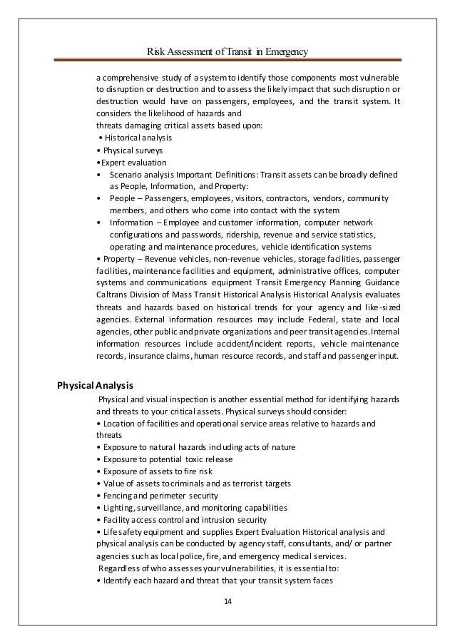 Risk Assessment of Transit in emergency