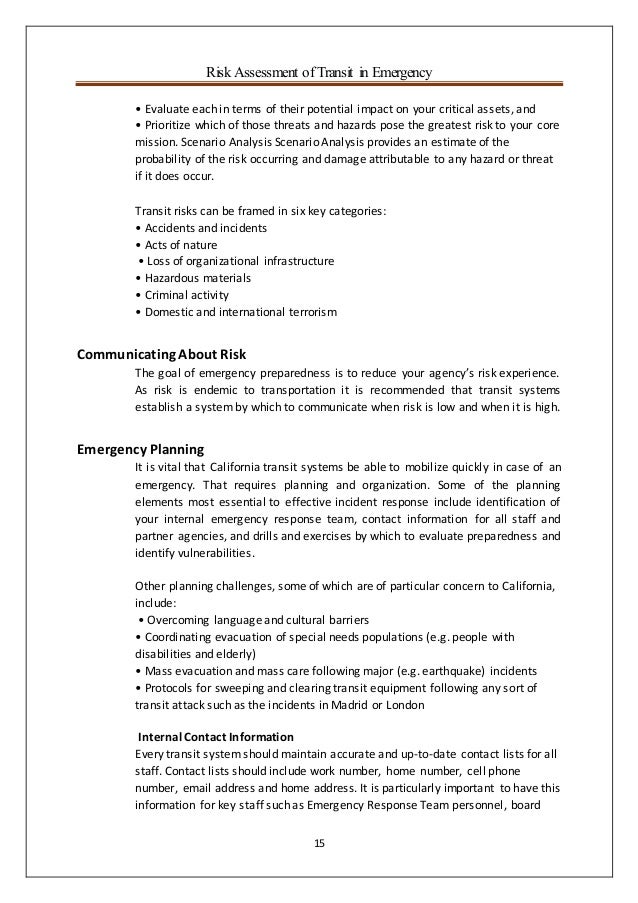Risk Assessment of Transit in emergency